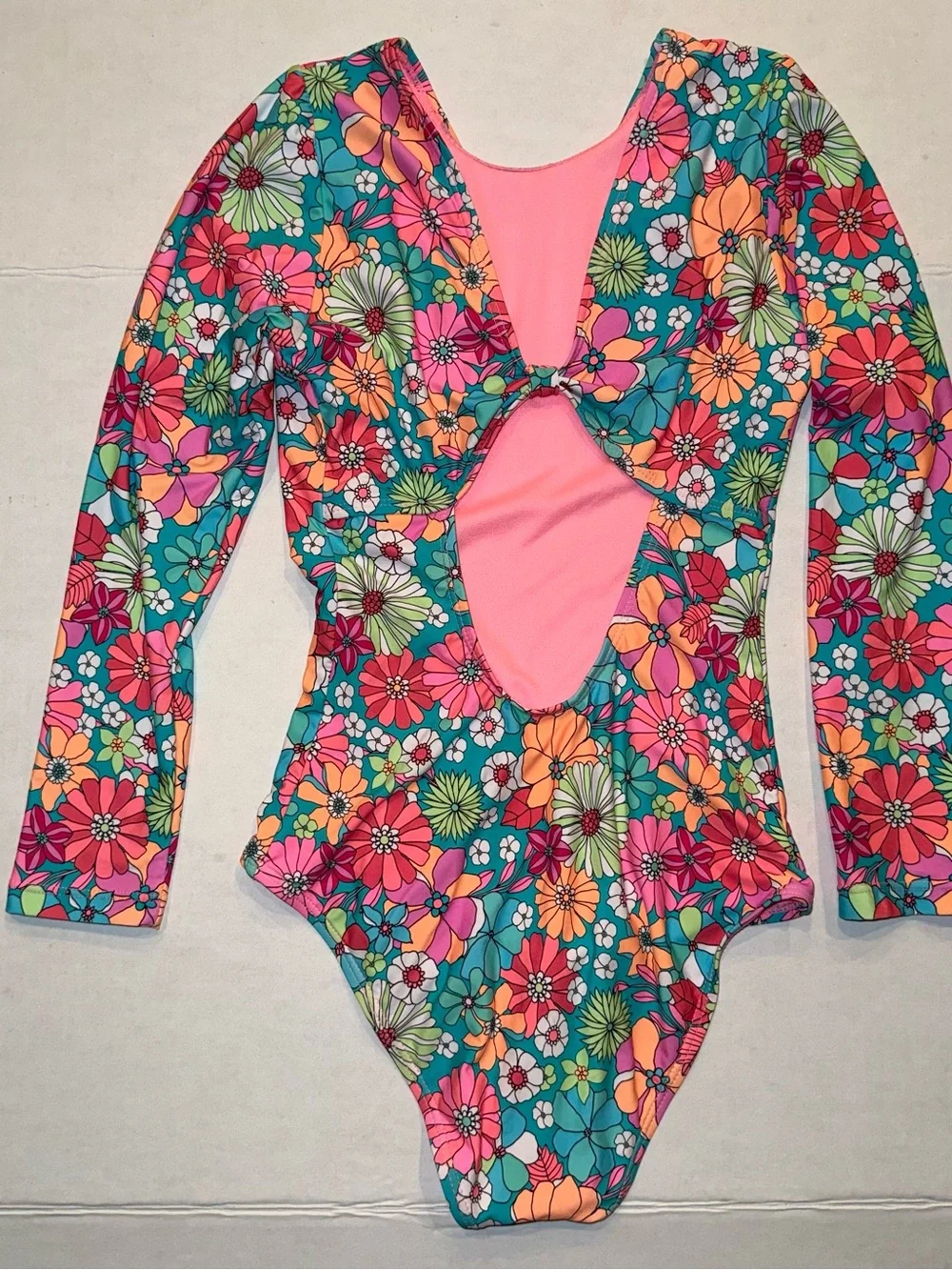 Girls' Floral Long-Sleeve One-Piece Swimsuit - Teal & Pink